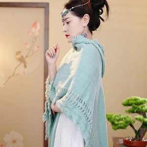 Hooded turquoise knitted travel shawl with fringes for women, elegant ethnic style cloak