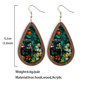 Teardrop wooden earrings with acrylic stained glass pattern and dimensions info