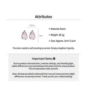 Detailed size specifications for pink water drop resin earrings with transparent finish