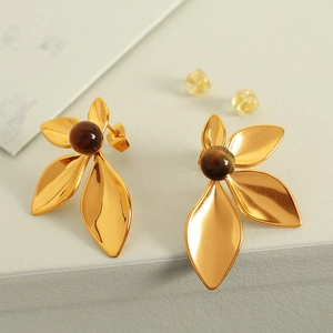 Elegant 18K gold flower earrings with polished brown tiger eye stone and pearl accents