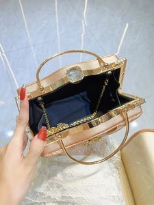 Champagne gold rhinestone evening handbag with metal chain strap and round top handle
