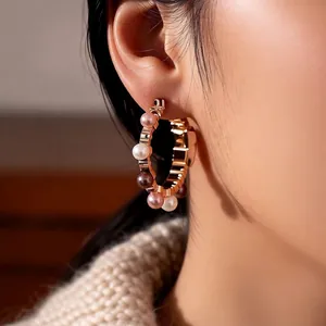 French vintage gold hoop earrings with multi-color pearls and zircon for women