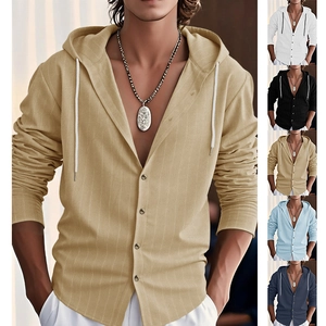 Close-up of men's striped hooded shirt featuring drawstring detail and multiple color options
