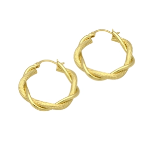 Detail of 18k gold plated C-shaped hoop earrings featuring a classic twisted rope texture