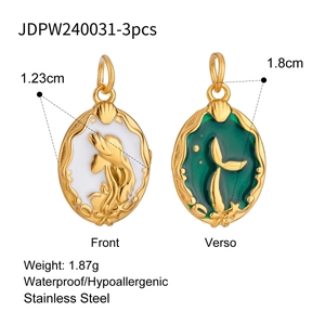 Detailed view of ocean-themed stainless steel gold pendants with measurements and weight