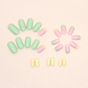 Lemon yellow and avocado green press-on nails set with minimalist French tip design
