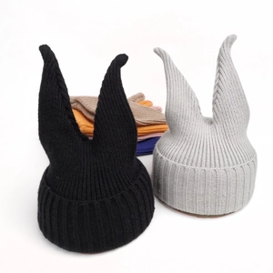 Acrylic Knitted Beanie Hat Cat Ear Devil Horn Design Ribbed Cuff Warm Winter Cap For Women Kids Funny Style