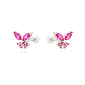 Detailed view of S925 sterling silver butterfly earrings with magenta crystal inlay