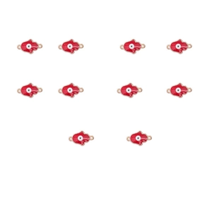 Macro detail of ten red enamel Hamsa hand charms with evil eye design and gold plating