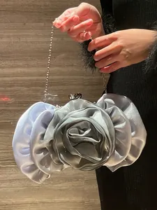 Elegant silver 3D rose satin evening clutch bag with metal chain strap for women