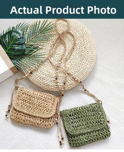 Detail of handmade woven straw bag with shell-shaped flap and wooden bead strap