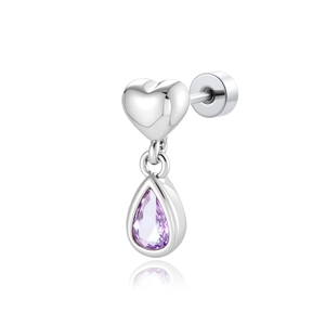 Silver titanium steel heart stud earring with purple teardrop gemstone pendant