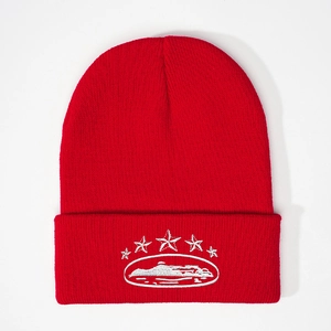 Red knit beanie featuring white embroidered five stars and island silhouette design