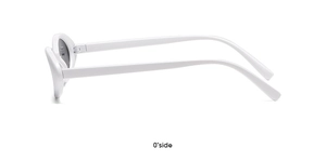 Side view of white oval sunglasses with gray lenses showing linear temple structure