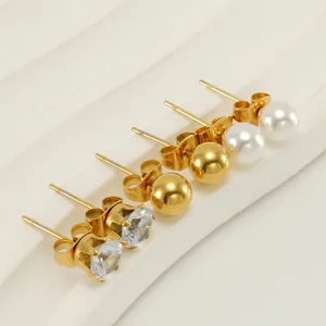 Pendientes De Botón Acero Inoxidable Chapado En Oro 18K Perla Artificial Minimalista Circonita Geométricos Mujer