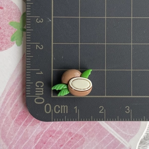 Vue détaillée de la taille de la mini breloque noix de coco sur une règle graduée en cm