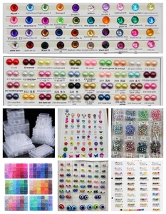 Detailed grid showing 40 colors of flatback rhinestones and faux pearls for DIY jewelry