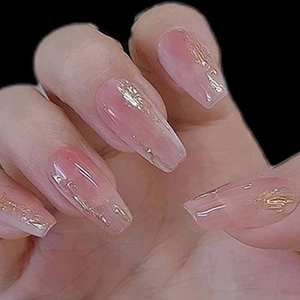 Pink Ombre Press On Nails Gold Foil Long Coffin Gradient Fake Nails Sweet Elegant For Women With Glue