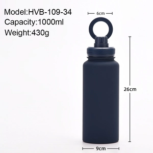 Detailed dimensions of 1000ml blue stainless steel sport bottle with magnetic phone holder