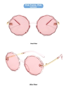 Detailed views of flower-shaped children sunglasses with pink petals and gold metal frame