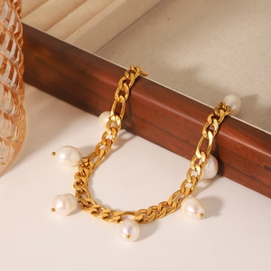 18K gold plated stainless steel anklet with natural freshwater baroque pearls