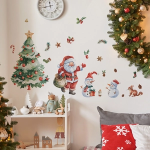 Adesivi murali natalizi ad acquerello con Babbo Natale e pupazzo di neve decor