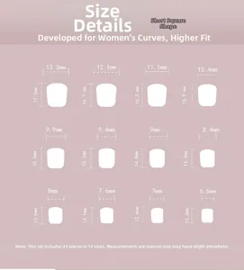 Detailed size chart for white floral press-on nails showing 24 pieces in 12 various sizes