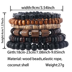 Detailed view of layered wood bead bracelets with dimension specs and material labels
