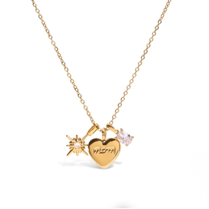 Gold stainless steel mom heart necklace with starburst and oval zircon pendants