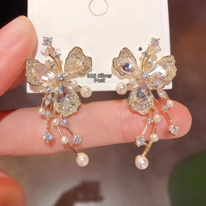 Butterfly Tassel Drop Earrings With 925 Sterling Silver Earring Post Alloy Rhinestone Artificial Pearl Elegant Jewelry For Women