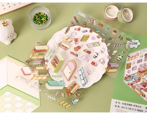Detailed view of 3D Fresh Fruit House PET stickers featuring cute cartoon fruit stands