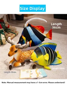 Detailed size display of plush deer and tropical fish toys on a soft carpet background