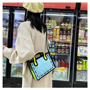 Detailed view of sky blue 2D cartoon tote bag with yellow handles in comic style