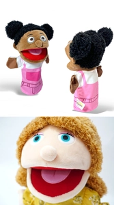 Detail shots of plush hand puppets for role play featuring diverse family characters