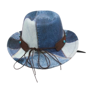 Kids vintage denim patchwork fedora with brown leather band and turquoise bead accent