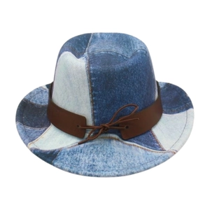 Kids vintage patchwork denim fedora hat with brown leather band and bow detail