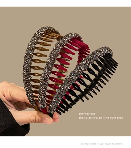 Detailed view of flocked acrylic headbands with rhinestones and shark tooth grip