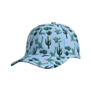 Close-up of light blue baseball cap featuring green cactus print and curved brim details