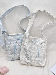 Pastel tote bag set featuring layered lace, floral textures and cute bear patterns