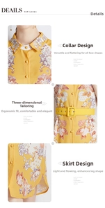 Detail of yellow floral maxi shirt dress with collar, buttons and adjustable belt