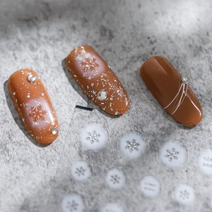 5D delicate white snowflake nail decals with silver rhinestones and thin adhesive