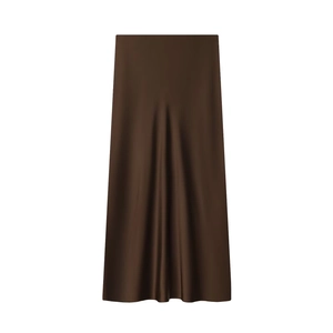 Elegant dark brown satin midi skirt with glossy finish and fluid drape on white background
