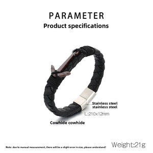 Detail of men's black braided leather bracelet with stainless steel anchor charm and magnetic clasp
