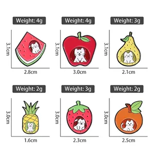 Cartoon fruit cat enamel pins set featuring strawberry and pineapple alloy brooches