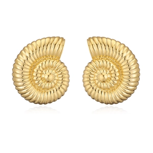 Detailed view of golden nautilus shell earrings with metallic luster on white background