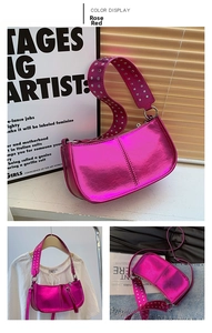 Detail of rose red metallic PU bag with silver rivets on the strap in Y2K style