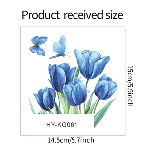Size specifications for blue tulip and butterfly wall stickers measuring 15x14.5cm