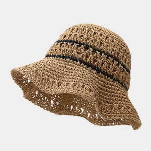 Women wide brim hollow paper straw hat with crochet sun protection and black stripes