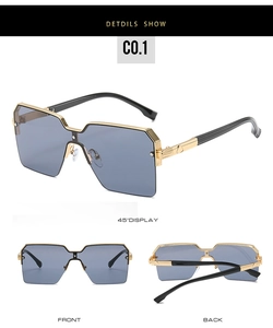 Detailed views of gold metal frame square sunglasses with grey blue lenses and black tips