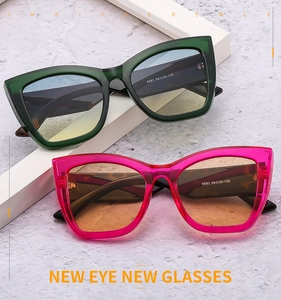Detail view of cat eye sunglasses with translucent resin frames and gradient lenses